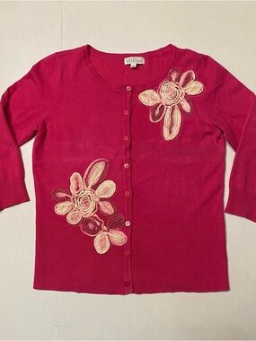Joseph A. Pink Floral Appliqué Cardigan Sweater – Size Small